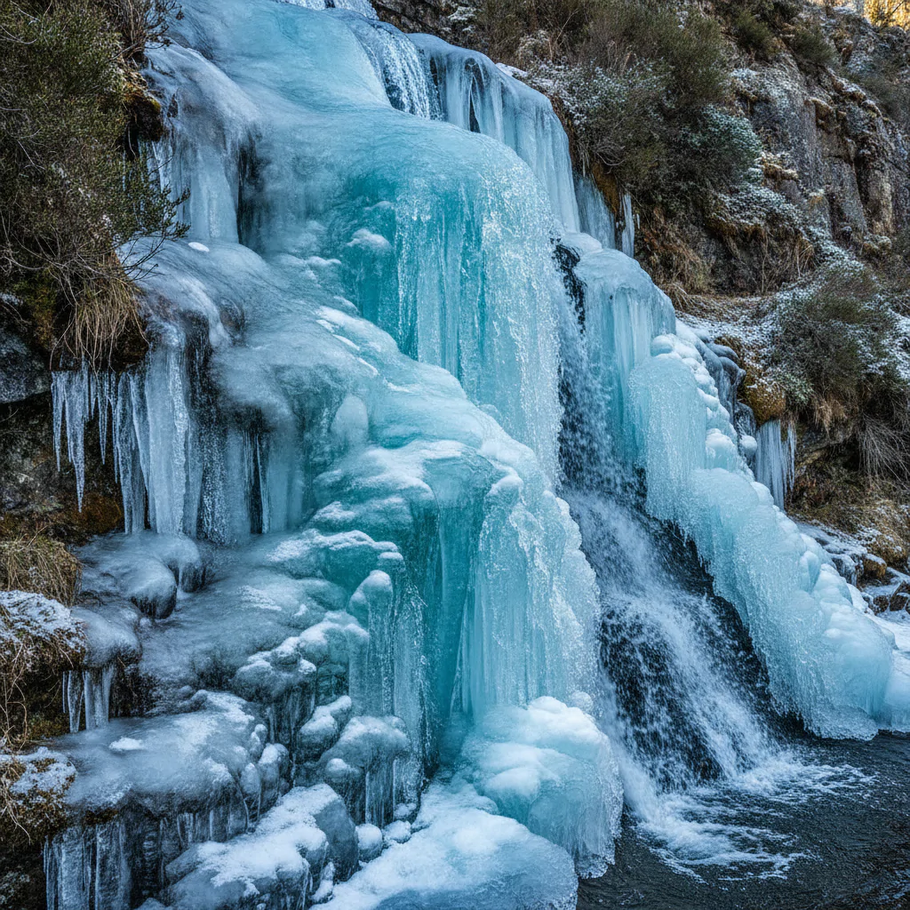 Ледяные каскады водопада зимой