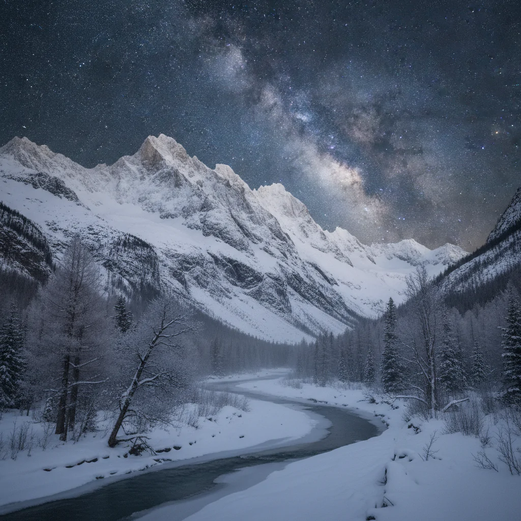 Зимний пейзаж с горными вершинами